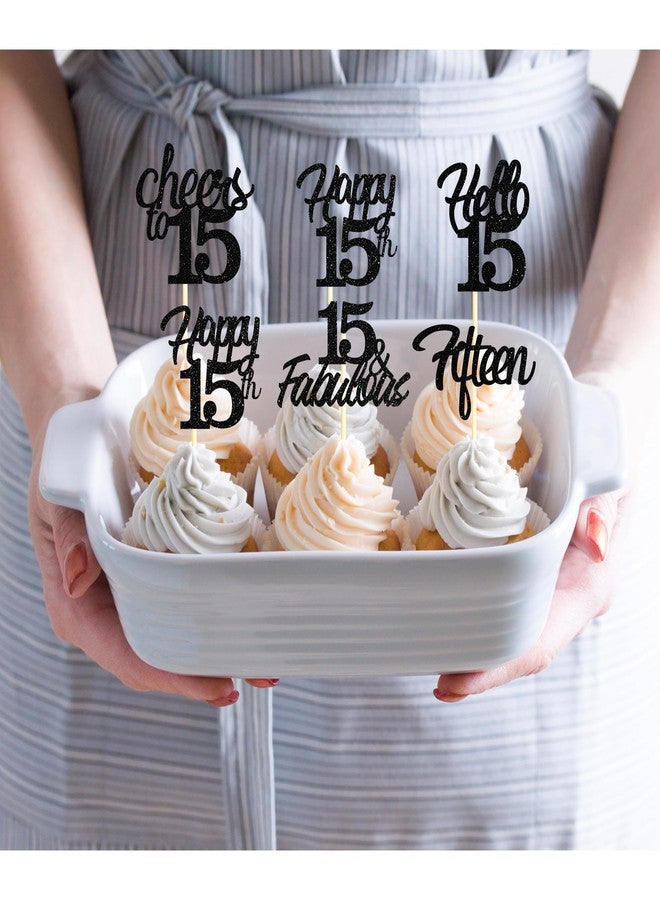 Sotpot 30 Pack 15th Birthday Cupcake Toppers Hello 15 Cheers to 15 Years Cupcake Picks for 15th Birthday Anniversary Party Cake Decorations Black Glitter - Image 5